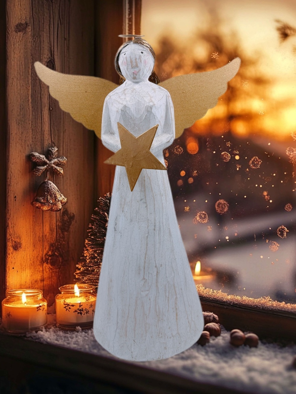 Pier 1 Rustic Wooden Angel Gold Star Metal Wings Cottage Core Figurine EUC